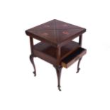 EDWARDIAN MAHOGANY AND BOXWOOD INLAID ENVELOPE CARD TABLE the segmented square shaped top ,