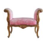 NINETEENTH-CENTURY CARVED GILT WOOD AND UPHOLSTERED WINDOW SEAT raised on cabriole legs 66 cm. high;