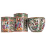 LOT OF THREE NINETEENTH-CENTURY CHINESE CANTONESE BOWLS AND JARS each with all over figural