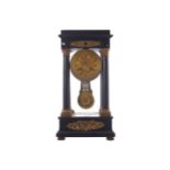 FRENCH EMPIRE MARBLE AND ORMOLU PORTICO MANTLE CLOCKwith gilded dial and pendulum48 cm. high; 26 cm.