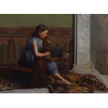 HUNGARIAN SCHOOL, NINETEENTH-CENTURYYoung girl with a vase of flowers seated on a lion rugOil on