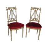 PAIR OF EDWARDIAN PAINTED AND PARCEL GILT SIDE CHAIRS