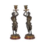 PAIR OF REGENCY BRONZE FIGURE STEMMED CANDLESTICKS