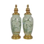 PAIR OF NINETEENTH-CENTURY PORCELAIN AND BRASS CELADON VASE STEMMED TABLE LAMPS
