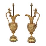 PAIR OF LARGE NINETEENTH-CENTURY GILT BRONZE EWER STEMMED TABLE LAMPS