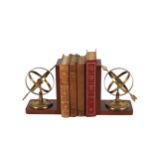 PAIR OF MAHOGANY AND BRASS ARMILLARY SPHERE BOOK ENDS