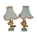 PAIR OF CARVED GILT WOOD FIGURE STEMMED TABLE LAMPS AND SHADES