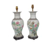 PAIR OF CHINESE FAMILLE ROSE VASE STEMMED TABLE LAMPS
