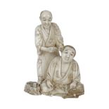 19TH CENTURY JAPANESE MEIJI PERIOD IVORY GROUP OF 2 FIGURES