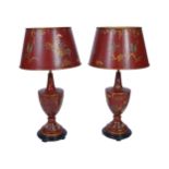 PAIR OF RED LACQUERED TABLE LAMPS