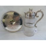 Silver plate mounted lion surmount cut glass claret jug on tray (2)