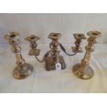 Silver plated triple candelabra & pair candlesticks