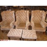 Buttoned dralon wingback armchairs (3) and buttoned dralon footstools (2)