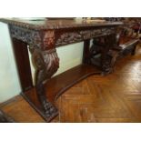 Victorian carved mahogany console table with lion paw supports