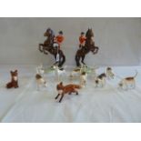 Beswick hunting figures - 2 Huntsmen on rearing bay horses, 9 hounds,