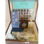 Mahogany box of British and Foreign coins and notes Victorian silver crown, decimal sets,