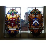 Pair possibly Victorian 17thC style stained glass panels featuring coat of arms of Ashby family and