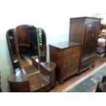 Mahogany wardrobe and Queen Anne style walnut dressing table and 5 drawer chest (3)
