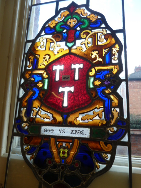 Pair possibly Victorian 17thC style stained glass panels featuring coat of arms of Ashby family and - Image 2 of 5