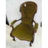 Victorian walnut buttoned velvet gents armchair