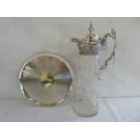 Silver plate mounted cut glass claret jug on tray (2)