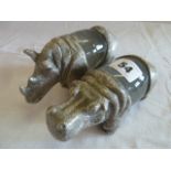 Plated Rhinoceros and Hippopotamus glass torso paperweights (2)