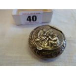 Silver pill box with hinged tavern scene lid