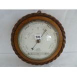 19thC Carved oak circular dial aneroid barometer - Hallet,