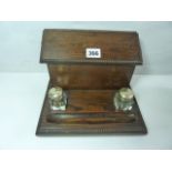 Edwardian oak desk stand with glass inkwells