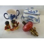 Novelty children salt and pepper cruet, Doulton blue and white loving cup, tureen on stand,