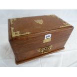 Brass mounted oak smokers cigar/cigarette box - lid lifts when drawer is pulled out