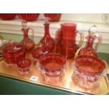 Victorian cranberry glass bon bon dishes, powder pots, jugs,