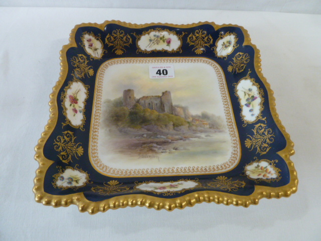 Royal Worcester hand painted square dish with scene of Barnard Castle - signed J Stinton c1902