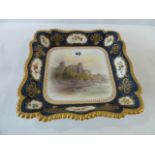 Royal Worcester hand painted square dish with scene of Barnard Castle - signed J Stinton c1902