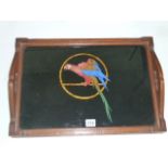 Art Deco oak framed cocktail tray with reverse painted parrot design