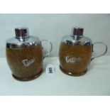 Pair oak chrome mounted tea and coffee jars