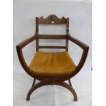 Pair oak leather seated Savonarola armchairs