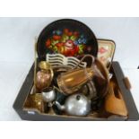 Bargeware tray, silver plated tray, brass chestnut roaster, copper jugs,