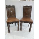 Pair 19thC oak shield back hall chairs