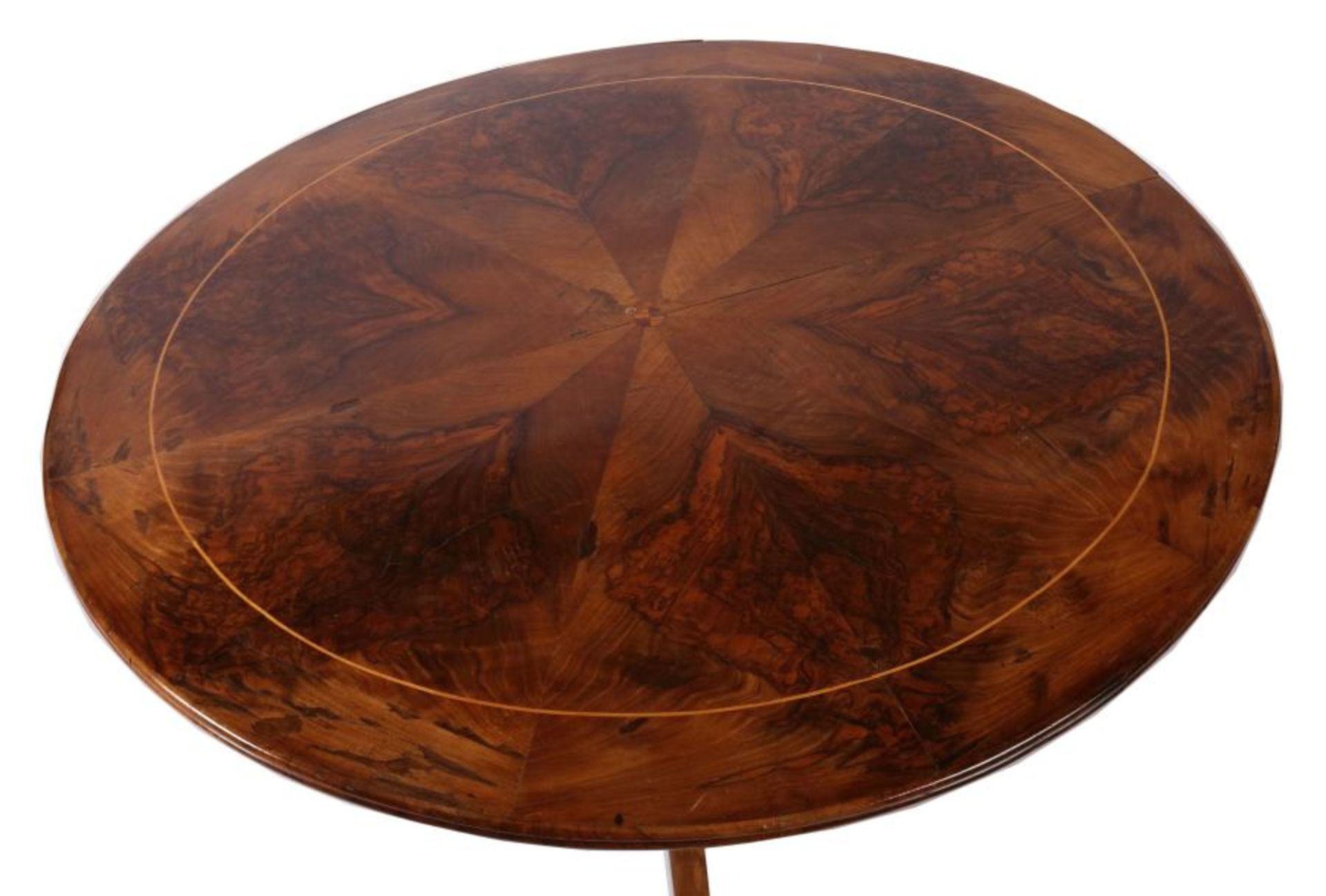Biedermeier-Piedestal Tisch 2. Viertel 19. Jh., Nussbaum/Nussbaummaser furniert, runde Tischplatte - Bild 2 aus 2
