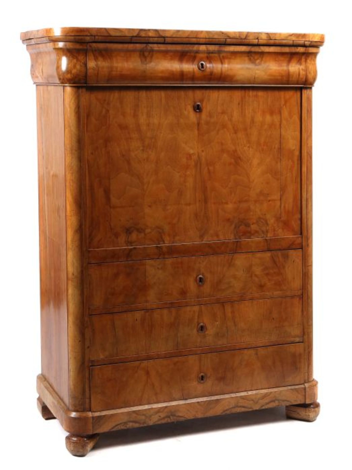 Biedermeier-Schreibschrank um 1830/40, Nussbaum furniert, einteiliger Korpus mit abgerundeten