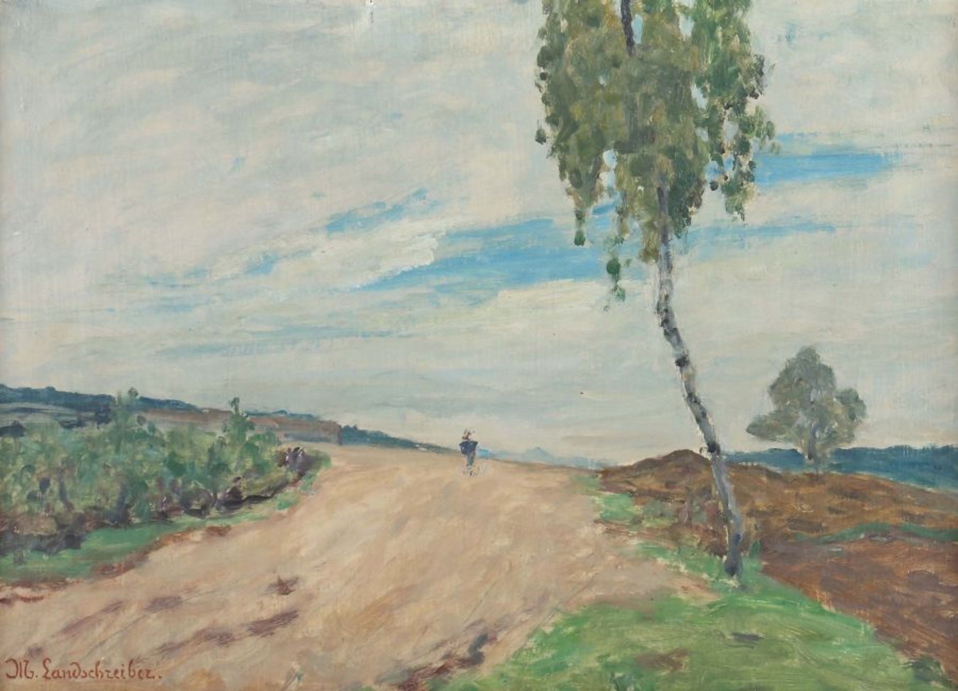 Landschreiber, Max 1880 - 1961, deutscher Maler. "Feldweg", Blick auf die weite hügelige Landschaft,
