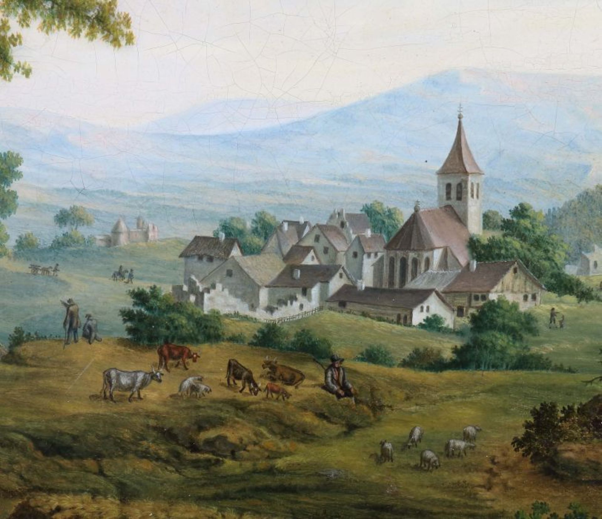 Maler des 18./19. Jh. "Romantische Landschaft", Blick auf ein kleines Dorf zwischen grünen Wiesen, - Bild 3 aus 4