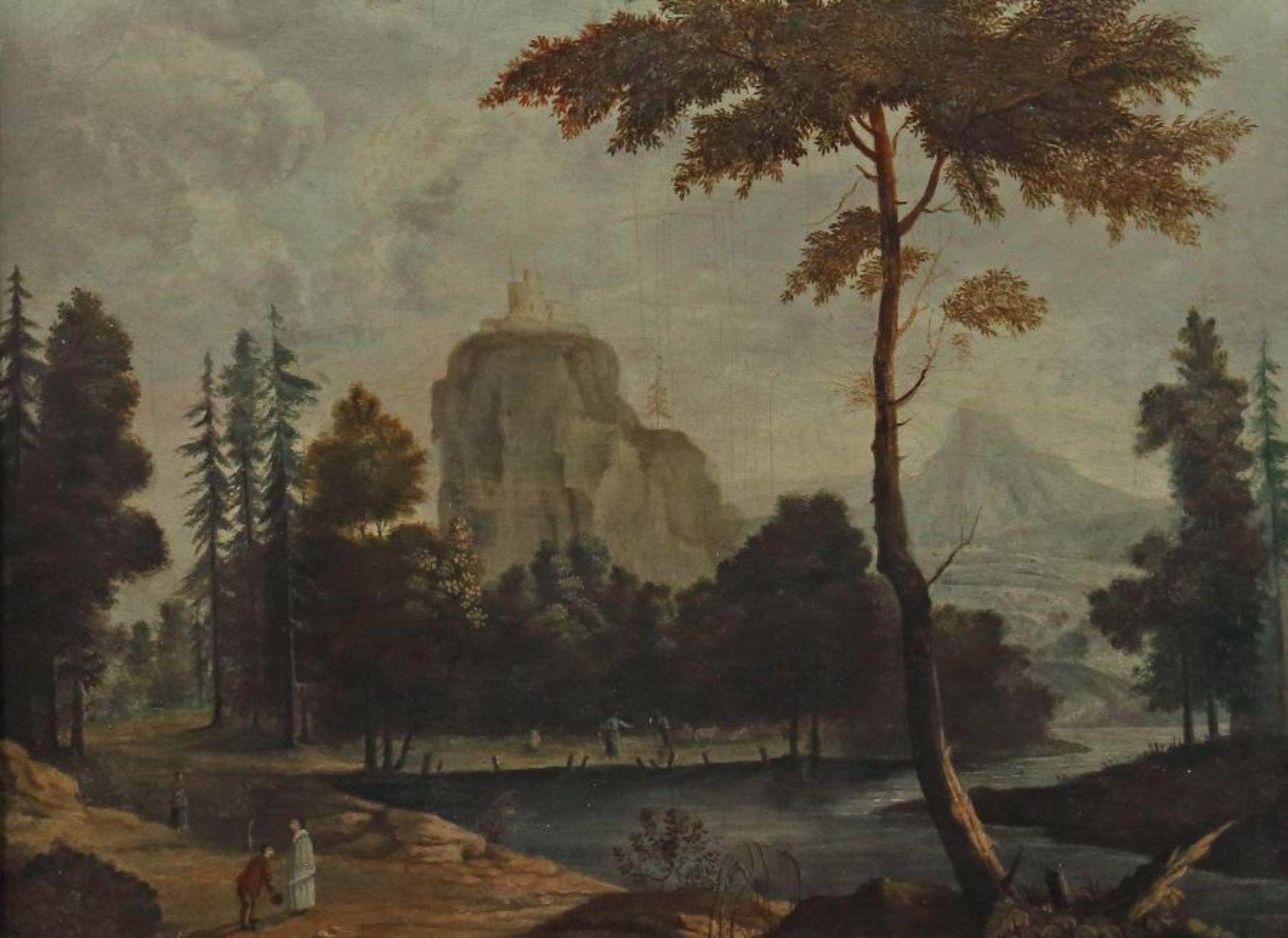 Maler des 19. Jh. "Ideallandschaft", Blick auf den Flusslauf mit einzelnen Bäumen am Wasser und