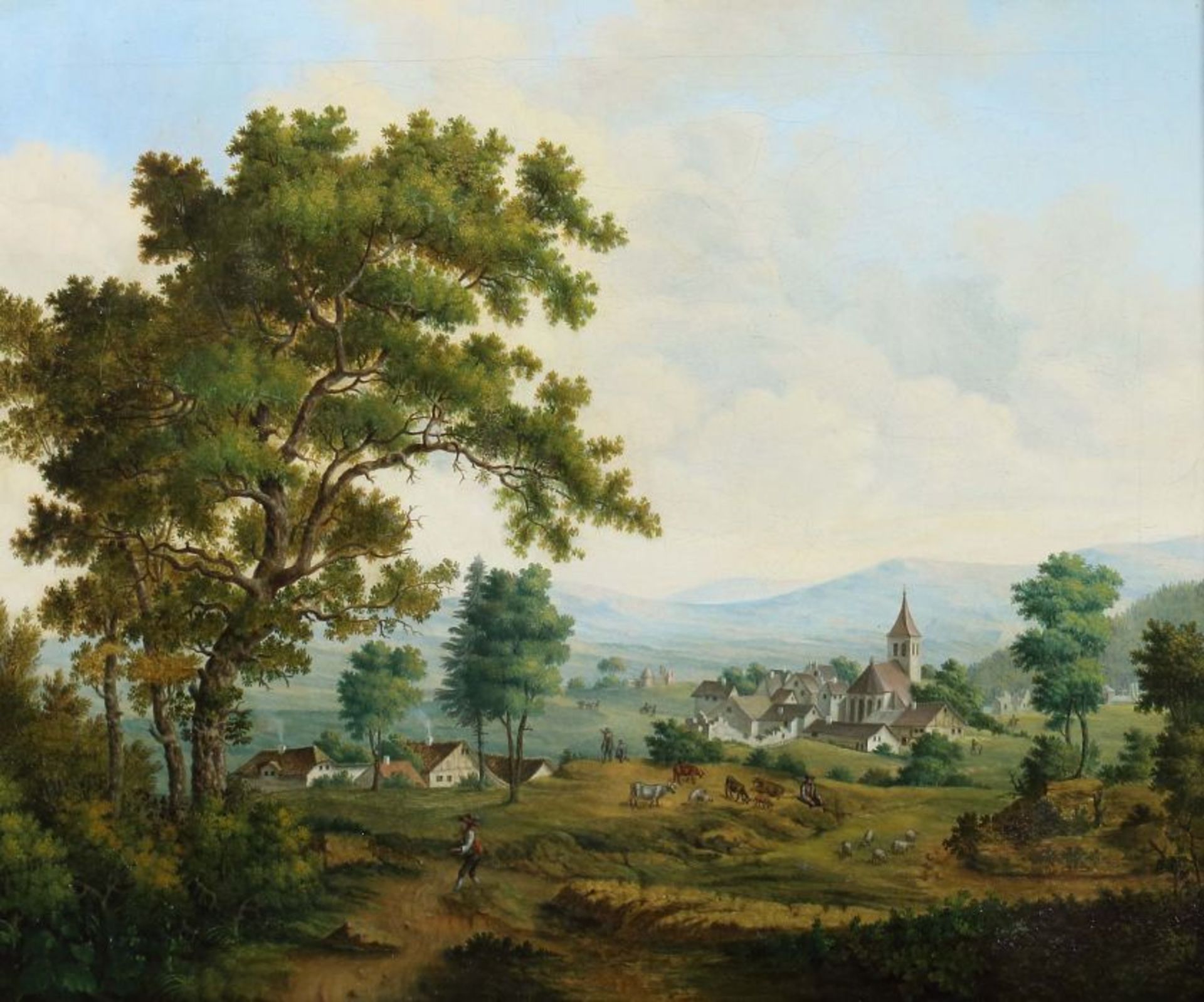 Maler des 18./19. Jh. "Romantische Landschaft", Blick auf ein kleines Dorf zwischen grünen Wiesen,