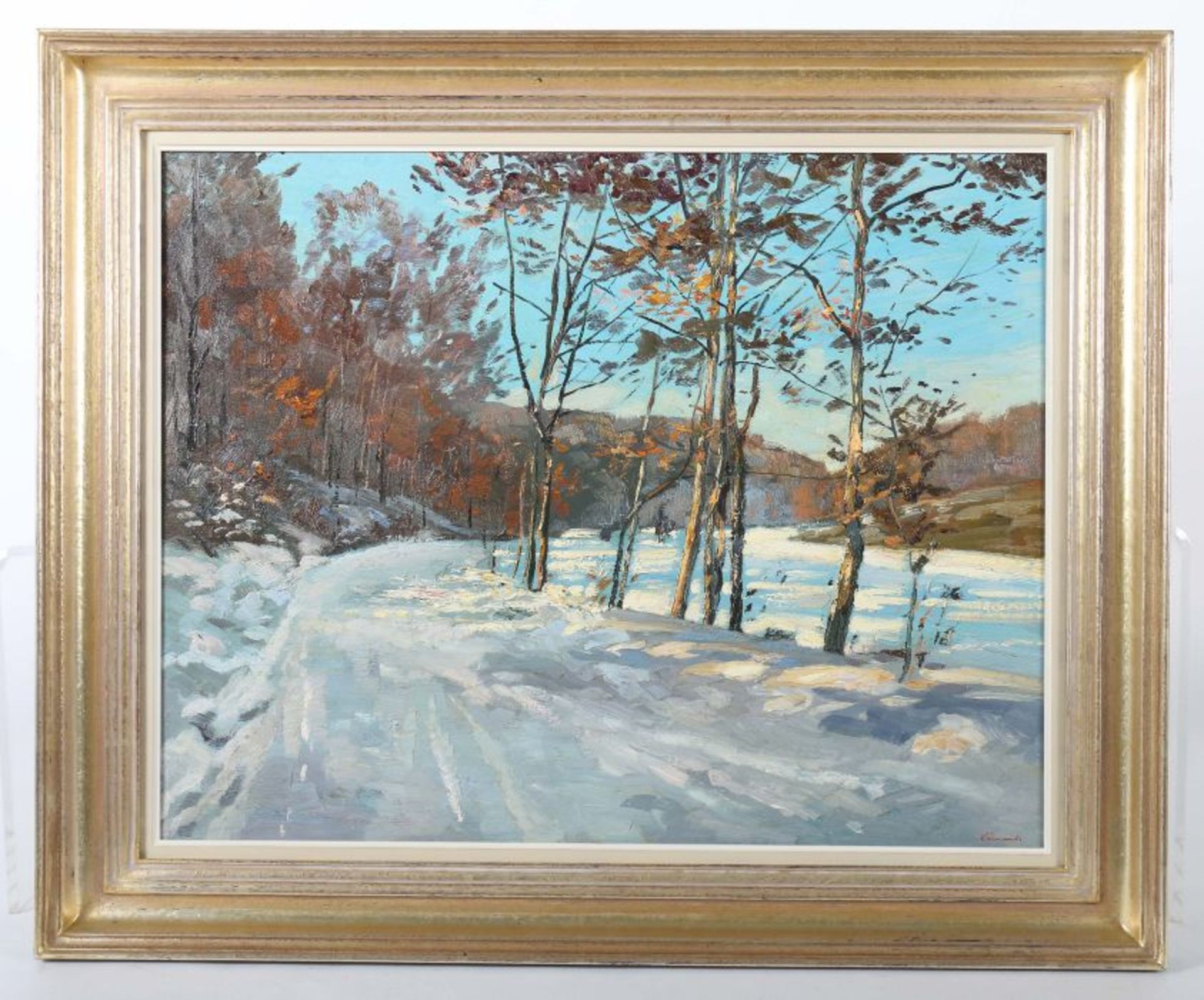 Lämmle, Wolfgang Geb. 1941, deutscher Künstler. "Winterweg", zwischen Wald und Felder führend, - Bild 2 aus 4