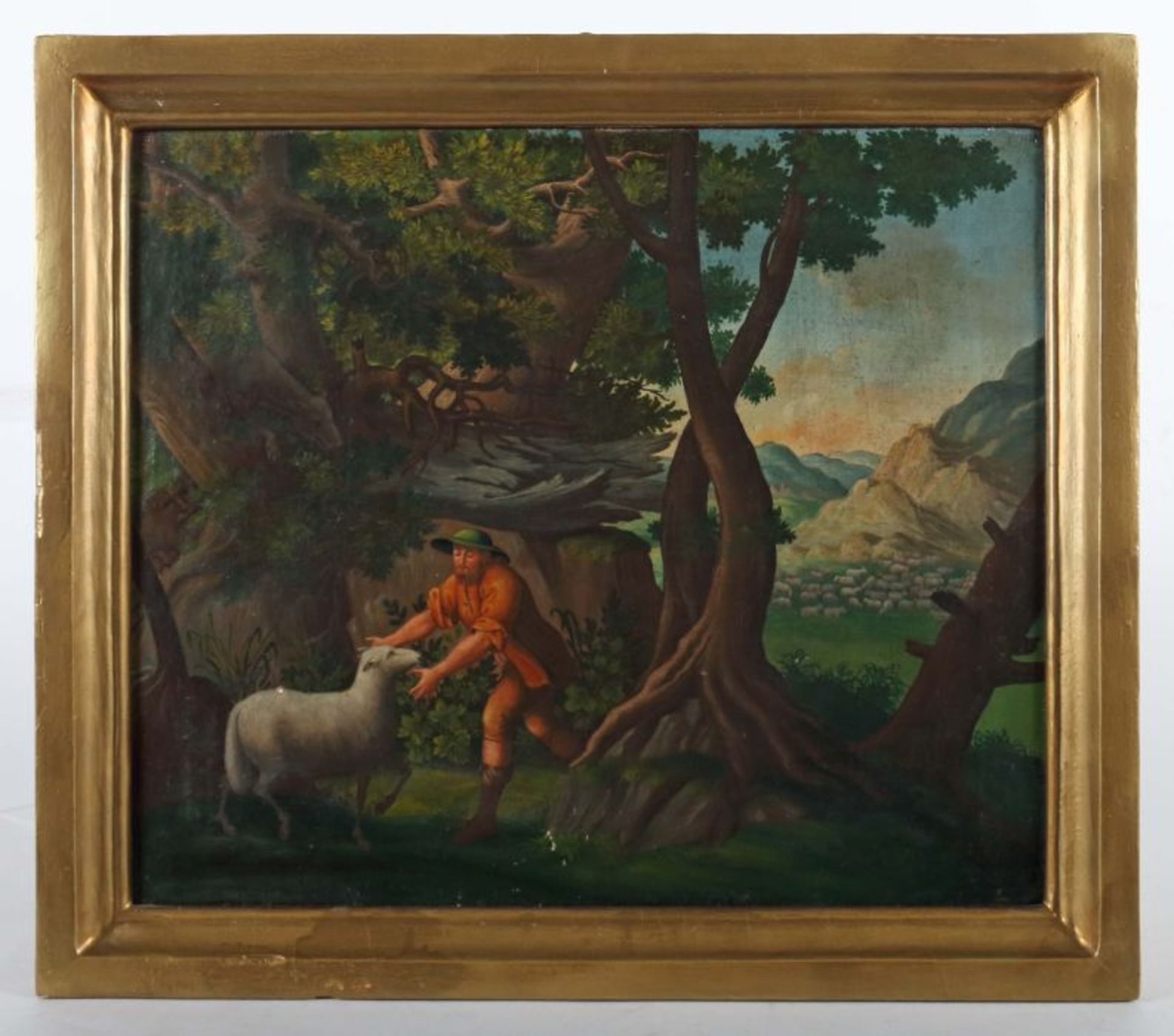 Maler des 19. Jh. "Das verlorene Schaf", Gleichnisdarstellung eines Hirten, der ein verirrtes - Bild 2 aus 4