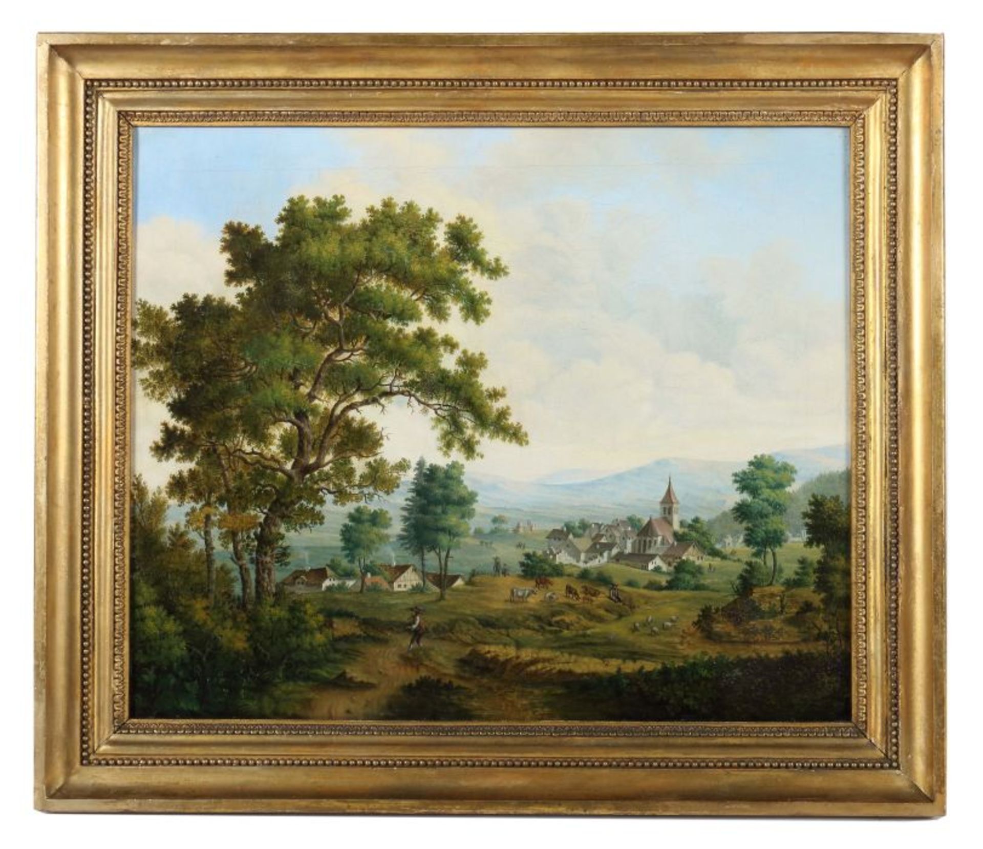 Maler des 18./19. Jh. "Romantische Landschaft", Blick auf ein kleines Dorf zwischen grünen Wiesen, - Bild 2 aus 4