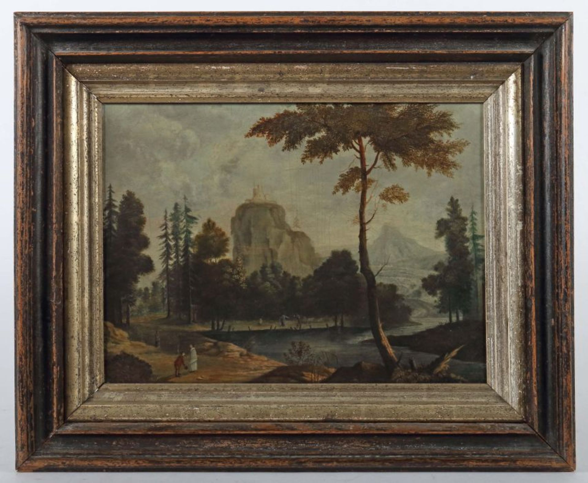 Maler des 19. Jh. "Ideallandschaft", Blick auf den Flusslauf mit einzelnen Bäumen am Wasser und - Bild 2 aus 3