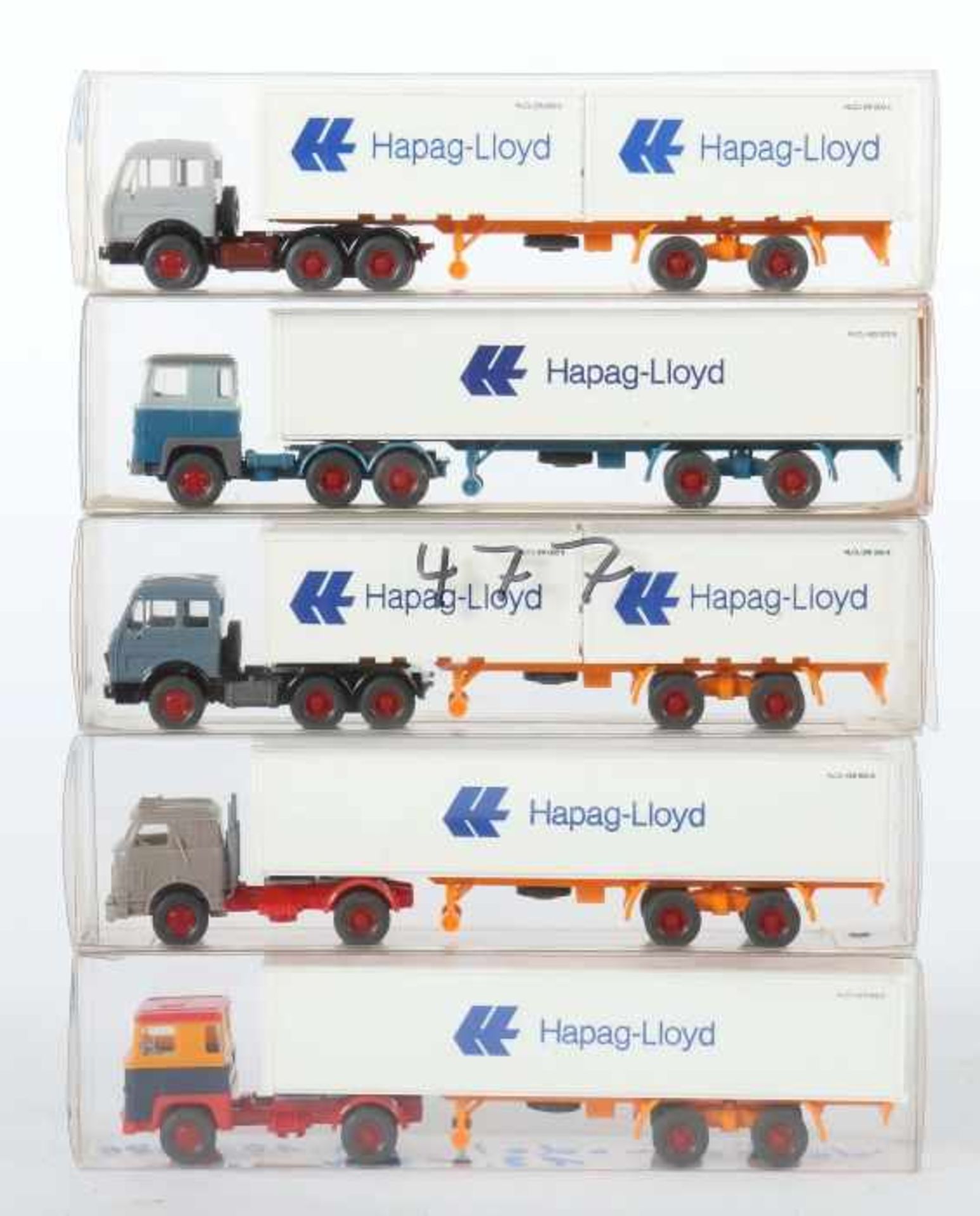 5 Hapag-Lloyd Container-Sattelzüge Wiking, M: 1:87, 2x Mercedes-Benz 16325, versch. Farbgebungen, 1x